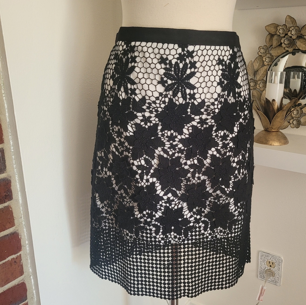 Tibi 3D Floral Black Lace Over White Skirt Size 12